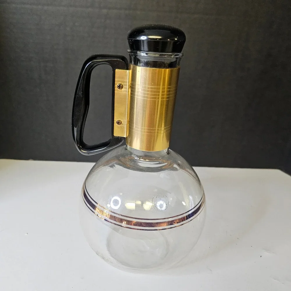 Vintage Silex Pyrex Glass Coffee Carafe Gold Tone Band Black Mid Century Modern